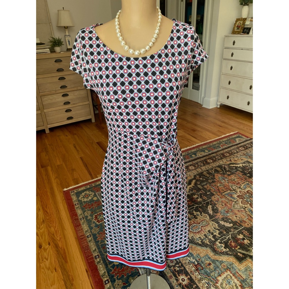 Talbots Womens Small Blue Red Geometric Side Knot Sheath Dress - Picture 2 of 9